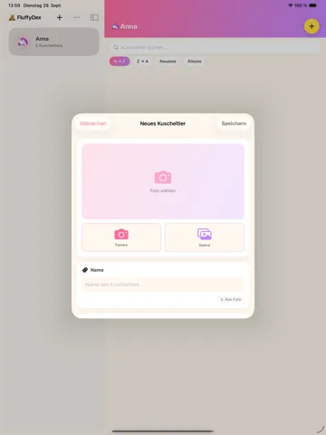 FluffyDex auf dem iPad: neues Kuscheltier anlegen