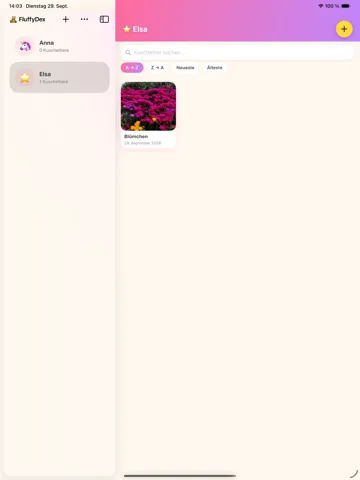 FluffyDex auf dem iPad: Seitenleiste mit Sammlung