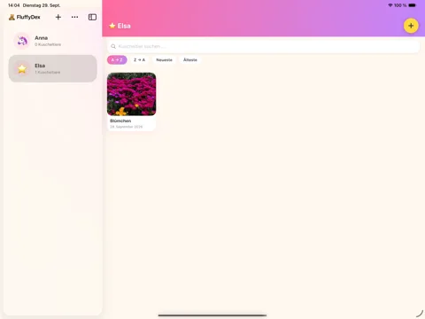 FluffyDex auf dem iPad im Querformat: Seitenleiste und Sammlung