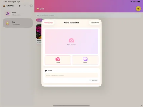 FluffyDex auf dem iPad im Querformat: neues Kuscheltier anlegen
