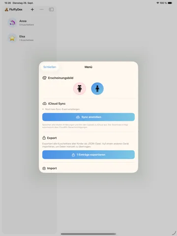 FluffyDex auf dem iPad: Menü mit iCloud Sync und Export