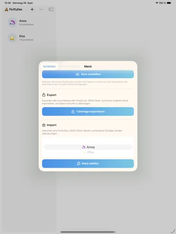 FluffyDex auf dem iPad: Menü mit Import-Bereich