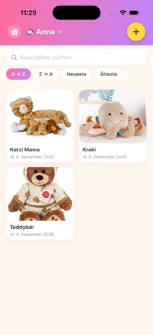 FluffyDex auf dem iPhone: Sammlung mit mehreren Kuscheltier-Fotos