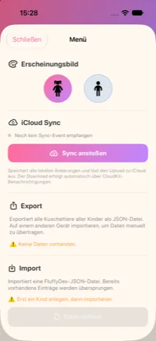 FluffyDex auf dem iPhone: Menü mit iCloud Sync, Export und Import