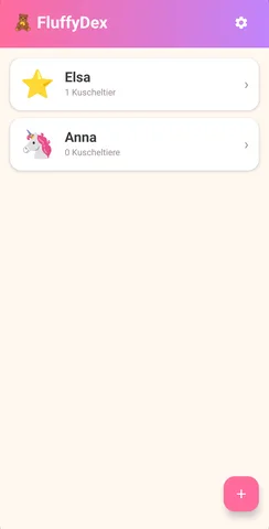 FluffyDex auf einem Pixel-Smartphone: Übersicht mehrerer Kinder-Profile