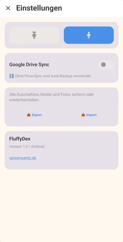 FluffyDex auf einem Pixel-Smartphone: Einstellungen mit Export und Import