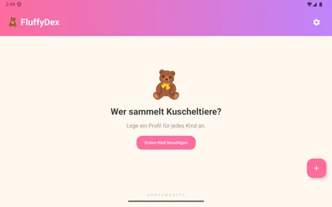 FluffyDex auf einem Android-Tablet: Willkommensbildschirm