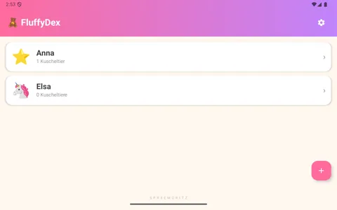 FluffyDex auf einem Android-Tablet: Übersicht mehrerer Kinder-Profile