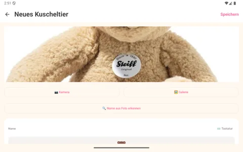 FluffyDex auf einem Android-Tablet: neues Kuscheltier anlegen