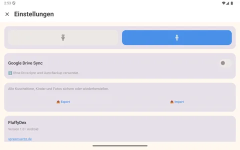 FluffyDex auf einem Android-Tablet: Einstellungen mit Export und Import